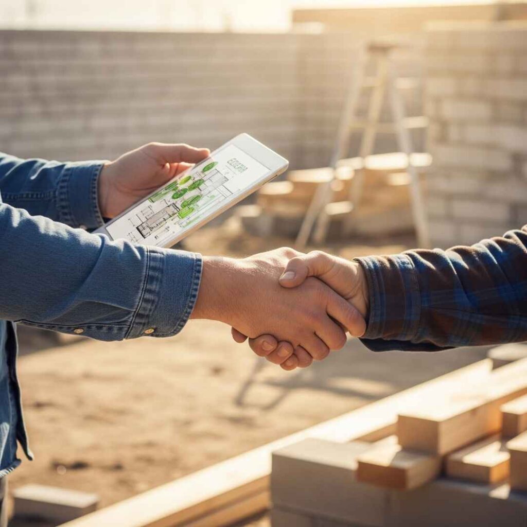 Le choix de vos artisans est crucial pour le succès de votre mon-écohome. Cette poignée de main symbolise l'importance de la confiance et d'une collaboration solide entre le maître d'ouvrage (ou l'architecte) et les professionnels passionnés qui bâtiront votre maison durable.