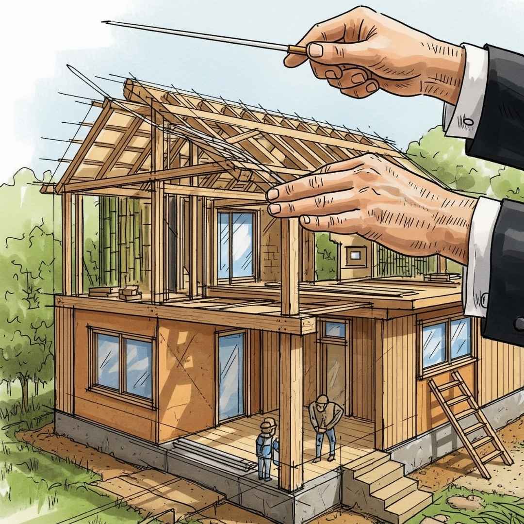 Visualisation de l'architecte ou du chef de projet guidant avec expertise chaque étape de la construction d'une mon-écohome. De l'ossature bois aux finitions écologiques, une coordination harmonieuse est la clé de la réussite d'un projet de maison saine et durable.
