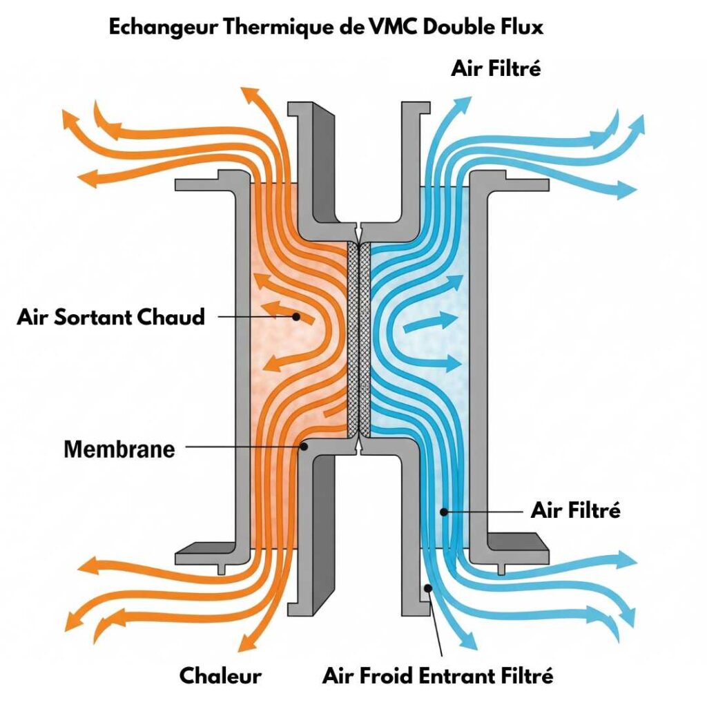 Schéma illustrant le fonctionnement interne d'un échangeur thermique de VMC double flux, montrant le transfert de chaleur entre l'air vicié sortant (chaud) et l'air neuf entrant (froid) sans mélange.