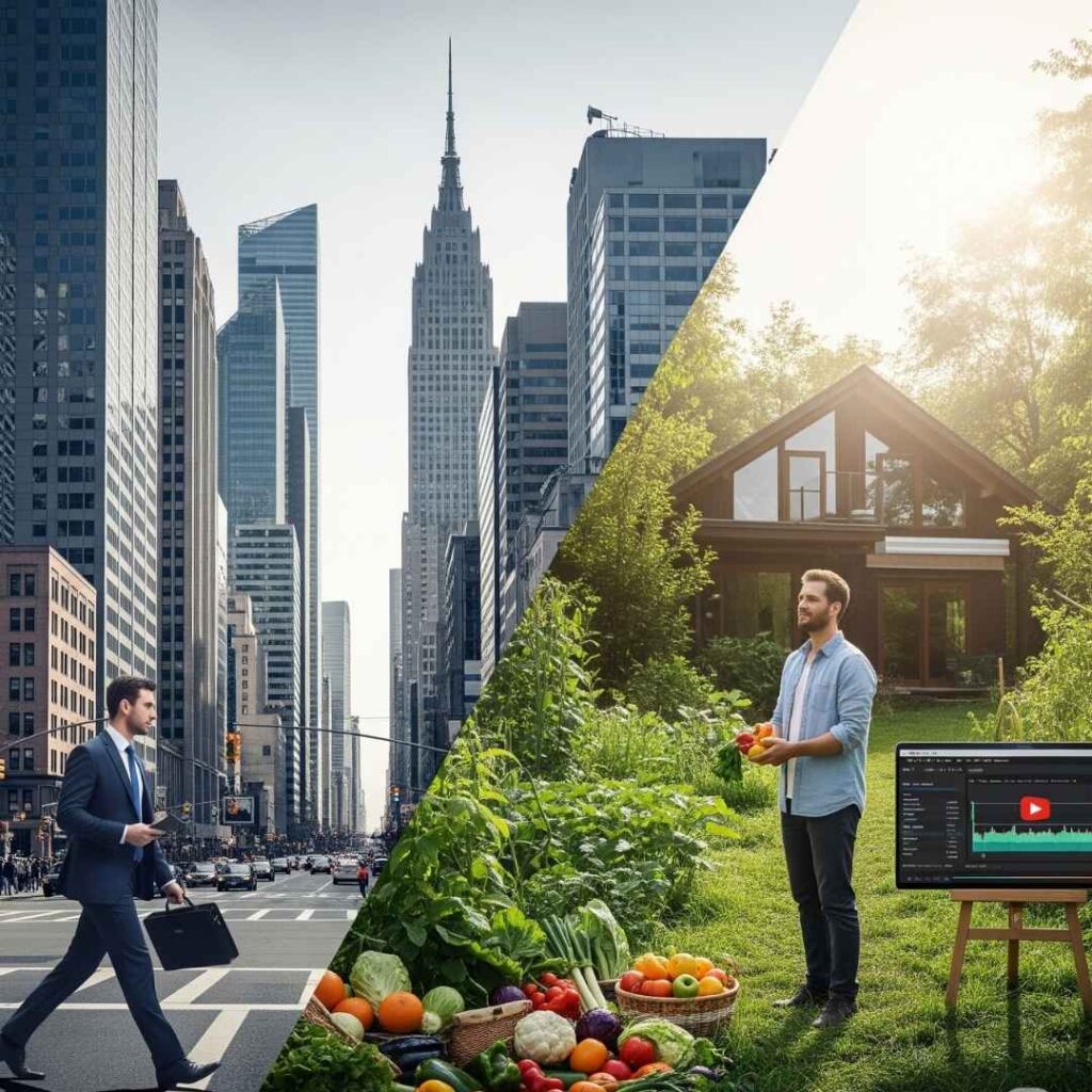 Photo représentant un homme en costume stressé dans une ville contrastant avec le même homme souriant dans la nature devant une maison écologique, symbolisant une reconversion après un burn out vers un entrepreneuriat conscient et une vie saine.