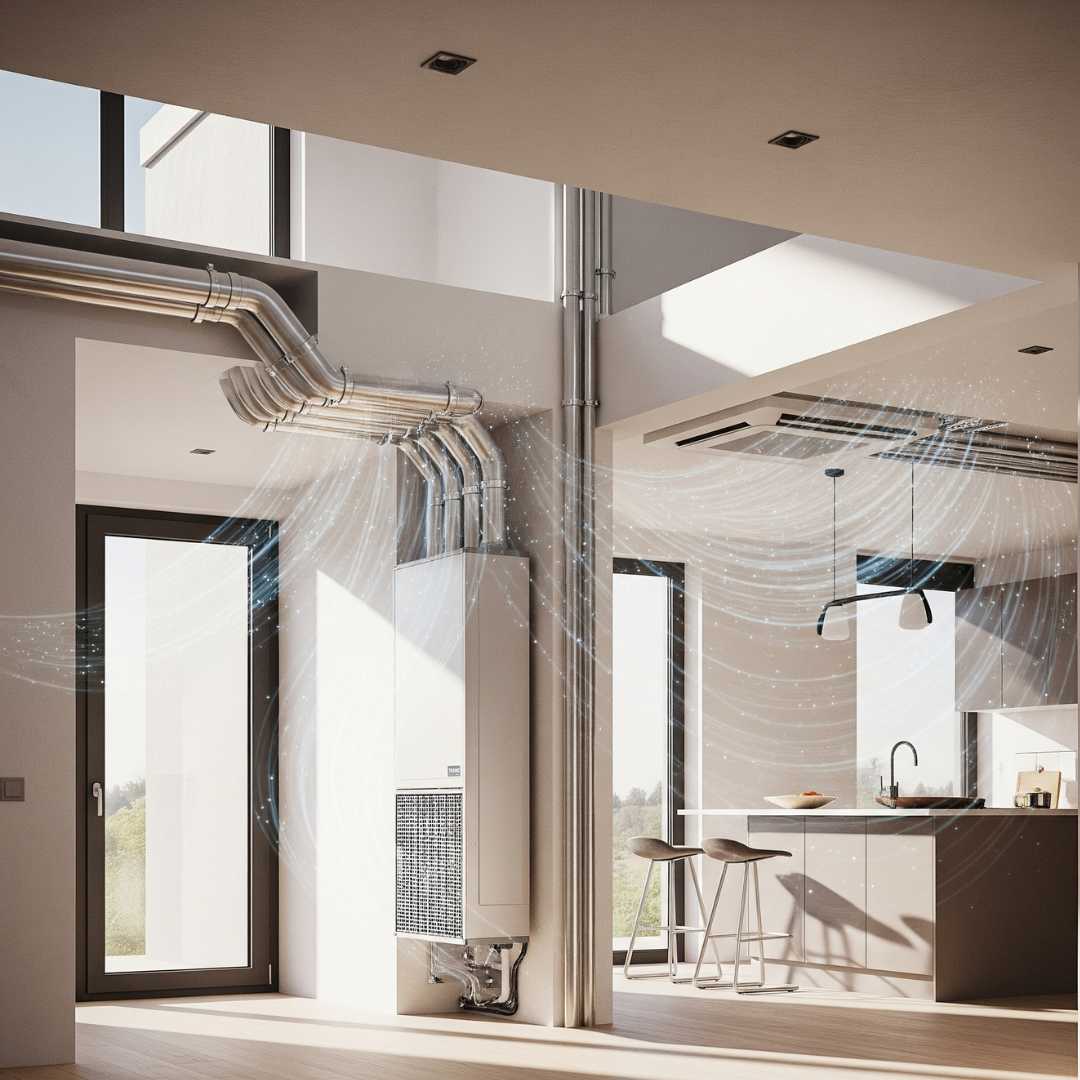 Unité de VMC double flux intégrée et visible dans un intérieur de maison moderne et bien isolée, avec le système de gaines.